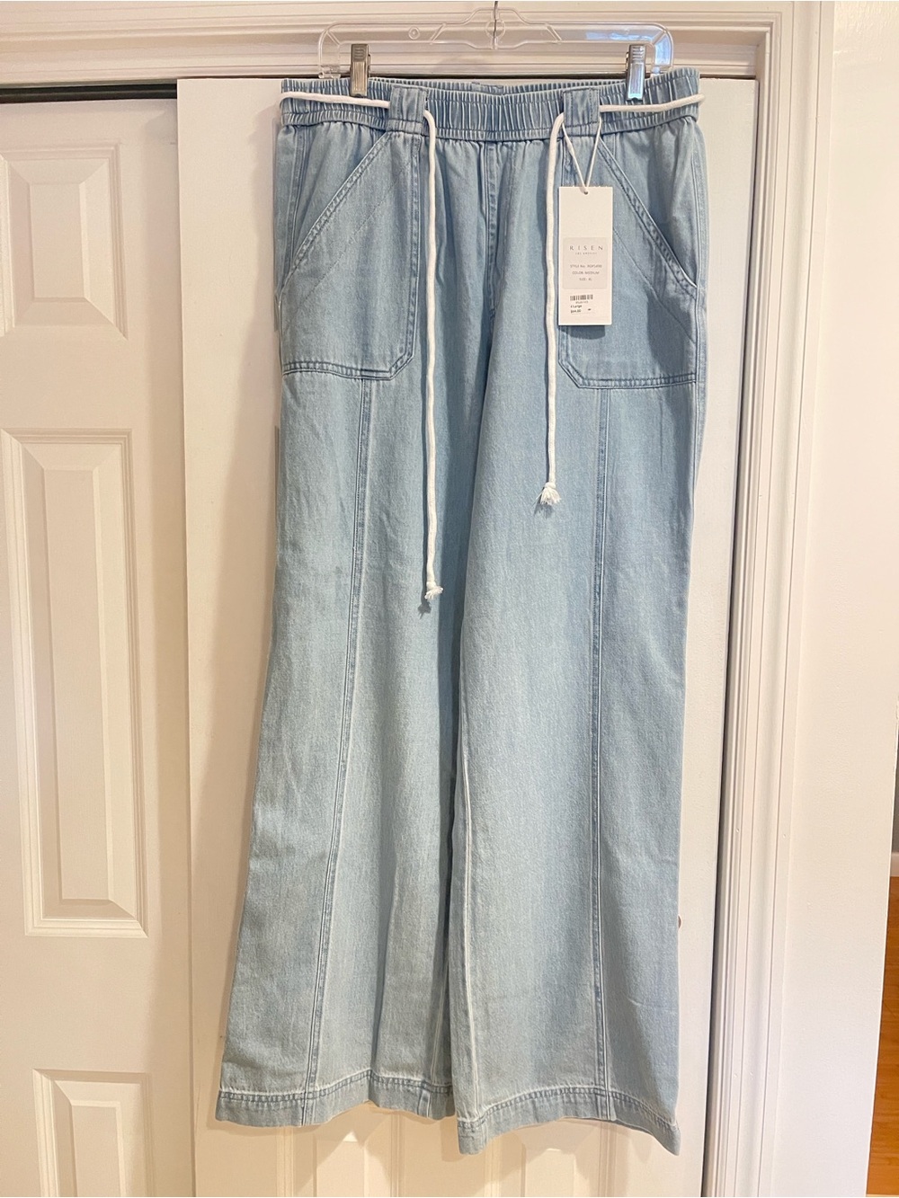 Light Blue Wide-Leg Denim Pants with Drawstring Waist